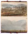 Open sketchbook with two watercolour landscapes of a village and a fjord.
