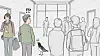 Drawing of people walking through an indoor hall while a bird sings on the floor.
