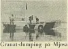Small boat on calm water with several people handling grenades during dumping on Lake Mjøsa.