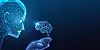 Blue digital human profile facing a glowing brain illustration on a dark background.