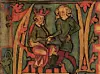 Medieval illustration of Harald Fairhair inheriting Norway from his crowned father.