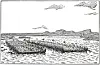 Line drawing of large Viking boats crowded with people crossing a wide bay