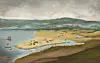 Illustrated Viking Age coastal plain with farms, boat grave and ships on the Oslofjord.