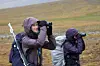 Two field researchers use binoculars to look across a tundra landscape, with gear on their backpacks.
