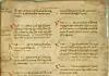 Yellowed manuscript page with handwritten text and red initials in columns