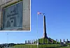 Obelisk on grassy ground with Norwegian flag and memorial plaque in clear weather