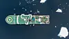 Top-down view of a cargo ship moving through dark sea with ice floes nearby.