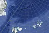 Blue map of the North Atlantic with latitude and longitude grid lines and islands visible.