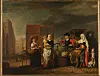 Historic street market scene with several people standing beside baskets of produce and buildings behind them.