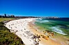 Vid sandstrand i Sydney med folk, bølger og bybebyggelse i horisonten.