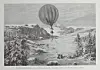 Hot-air balloon flying over a snowy valley with mountains and trees.