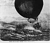 Hot air balloon above a stormy sea with waves and ships in the background