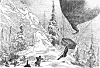 Drawing of a hot air balloon in snowy mountains with people beside it.