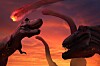 To Tyrannosaurus Rex og to Diplodocus i bakgrunnen mot en rød himmel med en brennende asteroide som nærmer seg fra øverst til venstre.