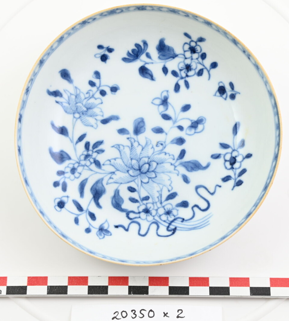 Blue-and-white decorative plate with floral and bird designs on a white display background.
