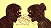 Illustration of two people in profile sitting face to face with a sketch of a house between them.