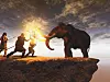 3D illustration of prehistoric hunters facing a young mammoth on a cliff at sunset.