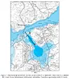 Topographic map with a blue highlighted route over river and coastal terrain.