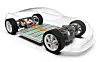 3D render of an electric vehicle chassis showing battery pack, motors and wheels.