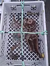 Grey crate containing rusted metal parts secured with green rope.
