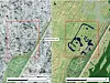 Aerial view of a marked area and a nearby surveyed area in a grassy landscape.