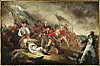 Historical painting of soldiers in red uniforms fighting amid smoke, flags and fallen figures.