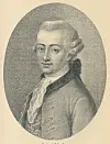 Oval engraved portrait of a man in 18th-century clothing with a powdered wig.