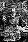 Black-and-white drawing of a seated bearded man reading an open book in a wooden interior.