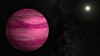 Stor rosa planet med striper mot svart rombakgrunn, med en klar hvit stjerne i bakgrunnen.