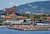 Crowds gather on a floating seawater pool at Sørenga with Oslo waterfront buildings behind.