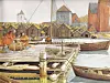 Illustration of a medieval harbour with wooden wharves, boats, and buildings at King’s Wharf in Oslo.