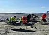 Workers in hi-vis clothing kneel on a rocky shoreline.