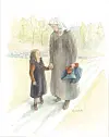 Illustration of a woman and child walking together on a path outdoors.