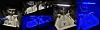 Blue light shines over several tanks in an indoor freshwater hatchery.