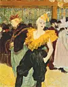 Painting of a dancer in a yellow ruffled costume standing in front of a crowd inside the Moulin Rouge.