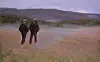 Two figures walk side by side across an open field with hills in the distance at dusk.