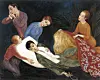 Stylised painting of figures surrounding a reclining man in a dramatic scene by Nils von Dardel.
