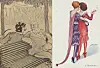 Side-by-side vintage illustrations showing two men in a park and two women dancing together.