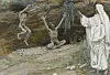 A figure in white stands by a cliff while two naked figures reach upward.