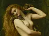 A nude woman with a snake draped over her shoulders in a dark, forest-like setting.