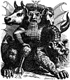 A black-and-white drawing of a crowned fantasy figure with several animal-like features and decorative details.