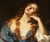 A classical painting of a woman with light hair looking upward to the right.