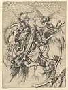 A black-and-white illustration of a monk surrounded by intertwined fantasy creatures with wings, horns, and weapons.