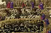 Historical illustration showing people in colorful clothing surrounding large herds of animals in a rocky landscape.