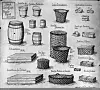 Black-and-white illustration of several woven baskets, trays, and crates in different shapes and sizes.