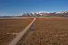 Aerial view of a dirt road across open tundra with mountains in the distance.