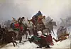 Painting of mounted warriors fighting on horseback in a snowy landscape, with fallen figures in the foreground.