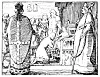 Black-and-white drawing of traditionally dressed people gathered around a seated person indoors.