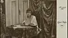 Vintage German film postcard showing a woman writing at a desk beside draped curtains.