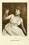 Vintage German postcard portrait of Egede Nissen in an elegant dress holding a beaded accessory.